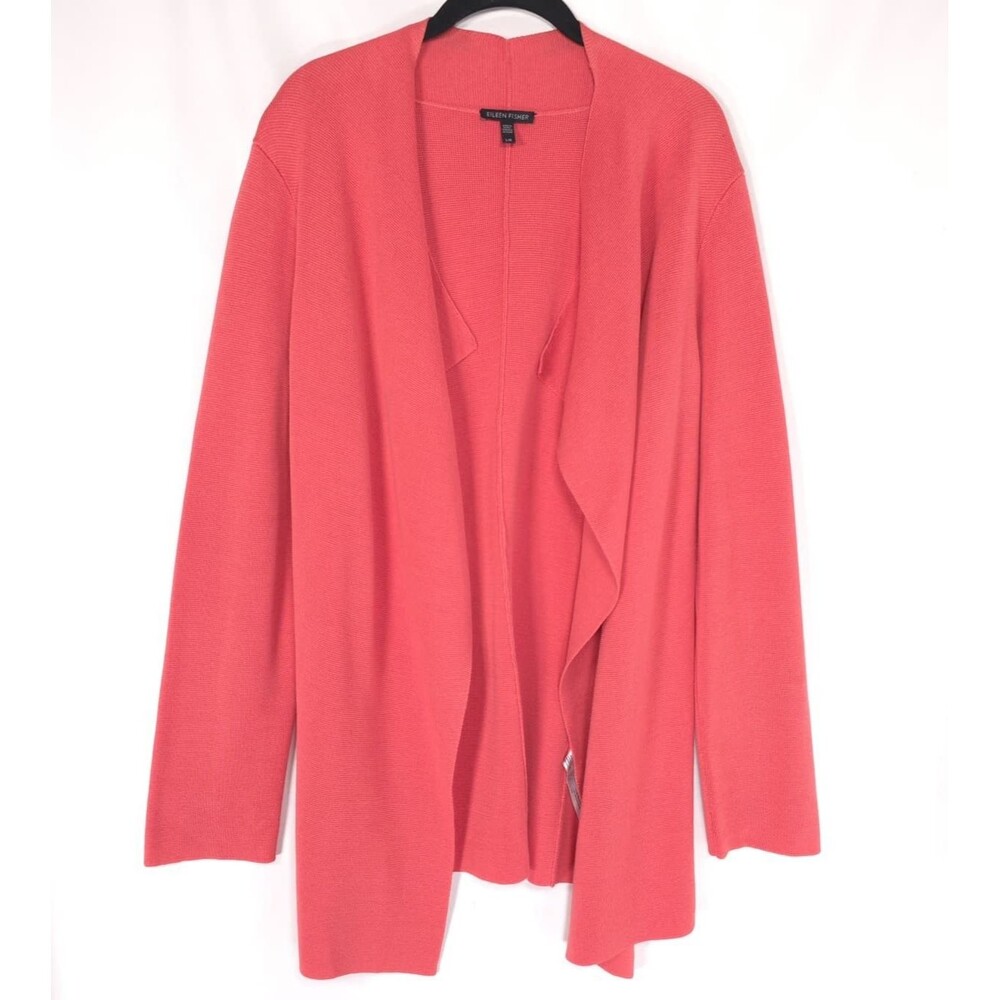 EILLEN FISHER Women's Open Cardigan LARGE Coral Drape Silk Organic Cotton